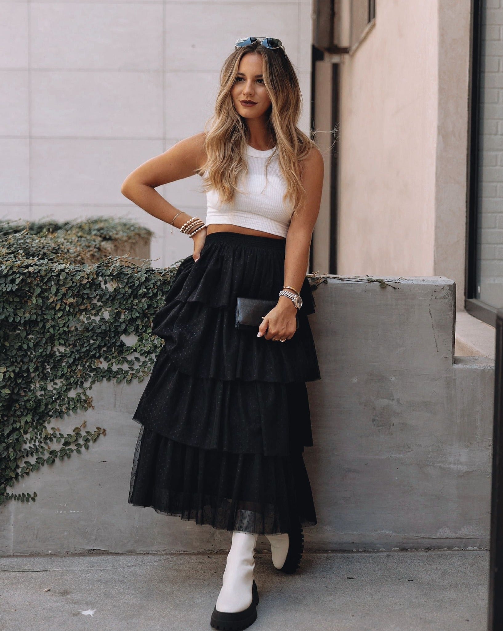 Alessia Tiered Tulle Midi Skirt - Black