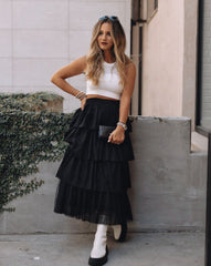 Alessia Tiered Tulle Midi Skirt - Black