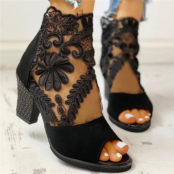 Lace Mesh Insert Chunky Heeled Sandals