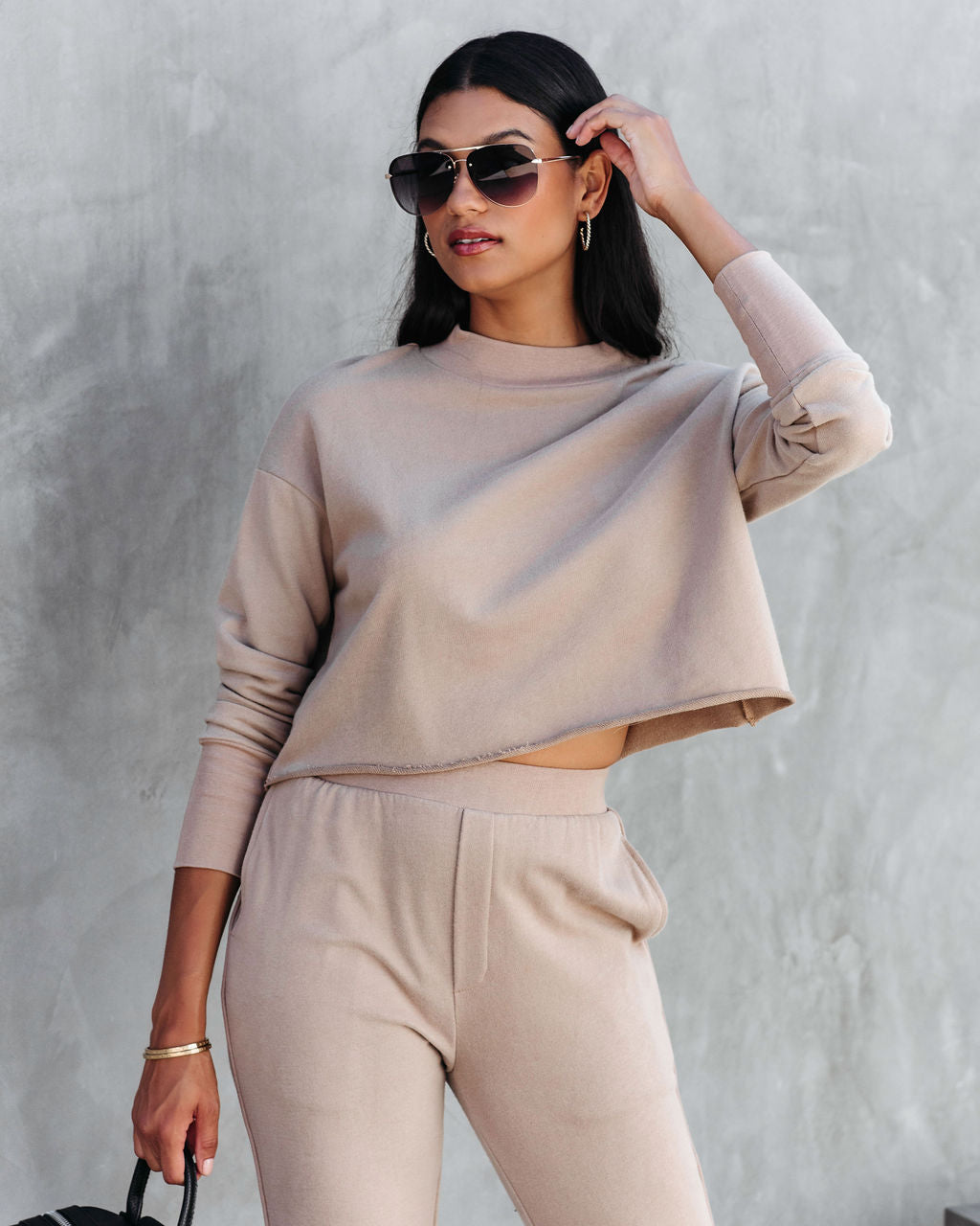 Airport Glam Cotton Mock Neck Long Sleeve Top - Camel