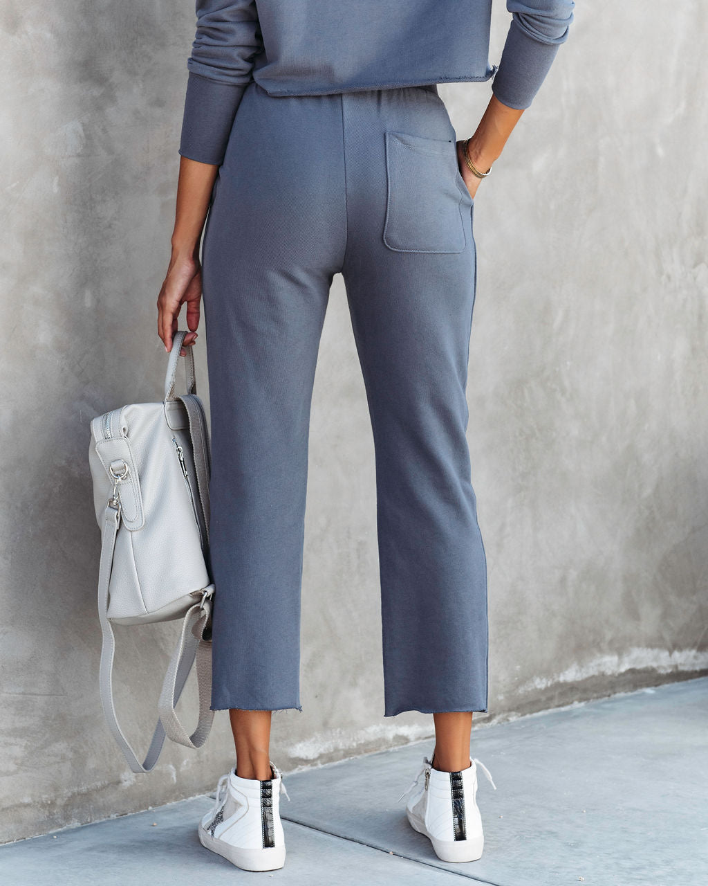 Airport Glam Cotton High Rise Pocketed Pants - Grey Blue