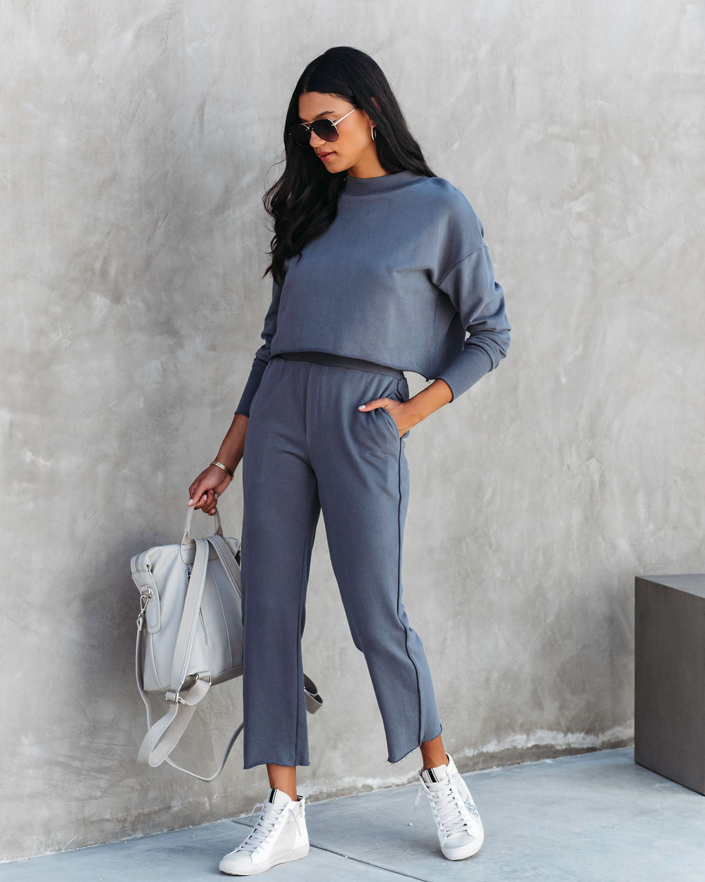 Airport Glam Cotton High Rise Pocketed Pants - Grey Blue