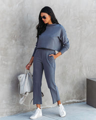 Airport Glam Cotton Mock Neck Long Sleeve Top - Grey Blue