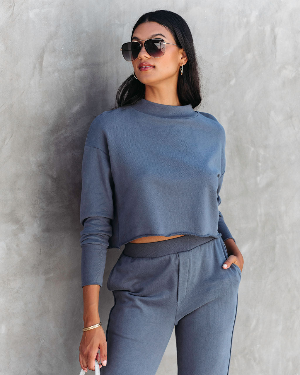 Airport Glam Cotton Mock Neck Long Sleeve Top - Grey Blue