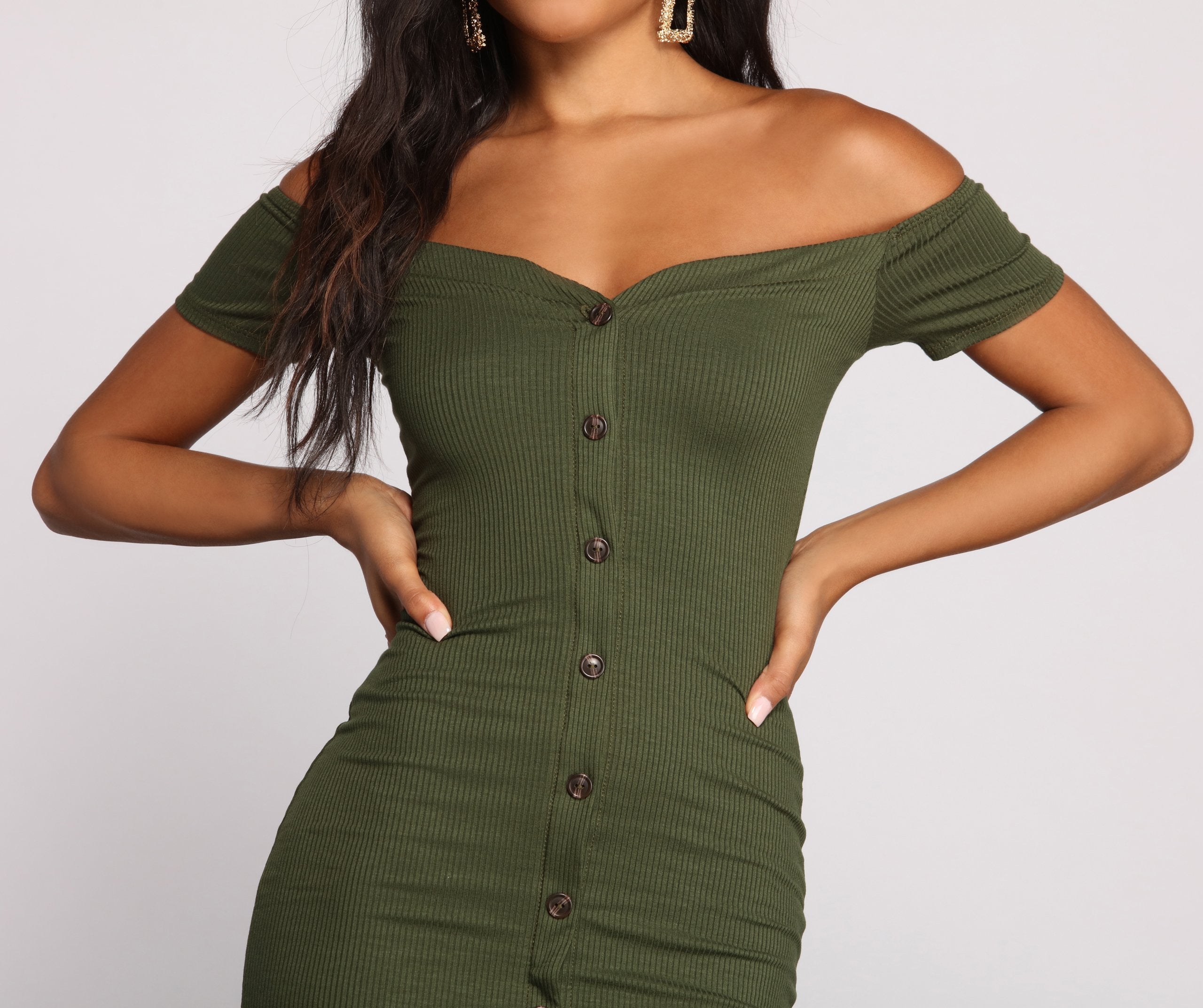 All Buttoned Up Off The Shoulder Midi Dress Oshnow