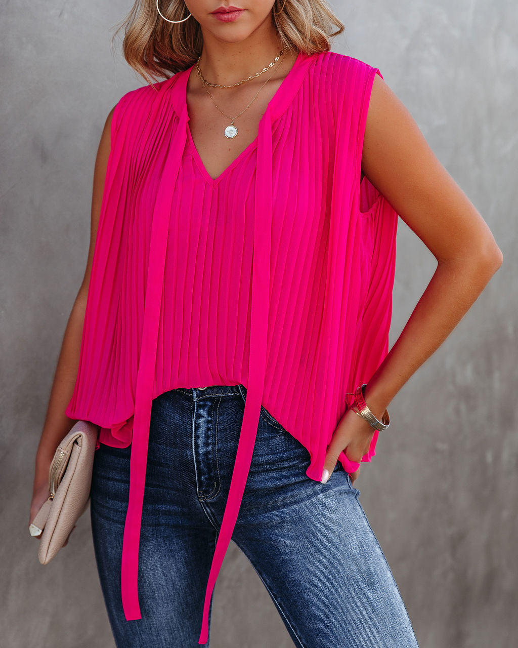 All That Matters Pleated Sleeveless Blouse - Hot Pink Oshnow