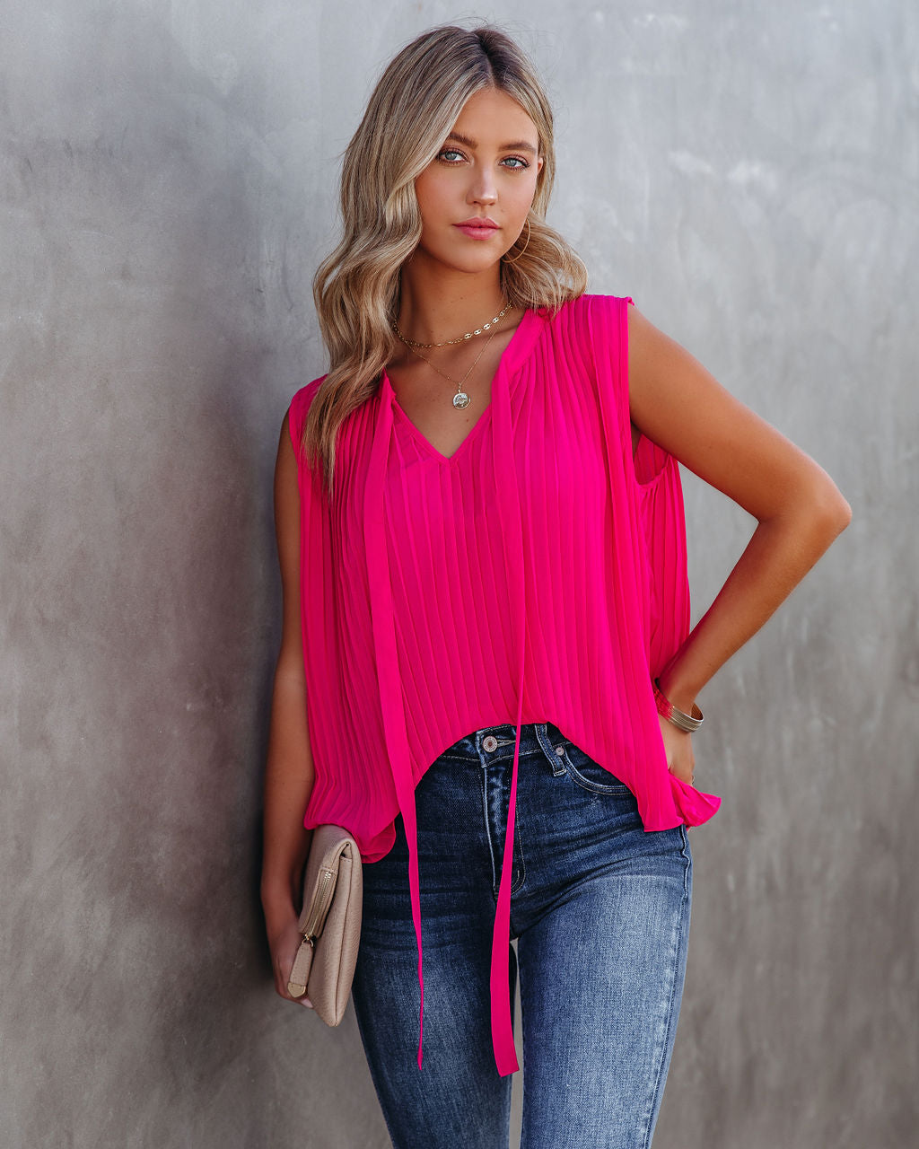 All That Matters Pleated Sleeveless Blouse - Hot Pink Oshnow