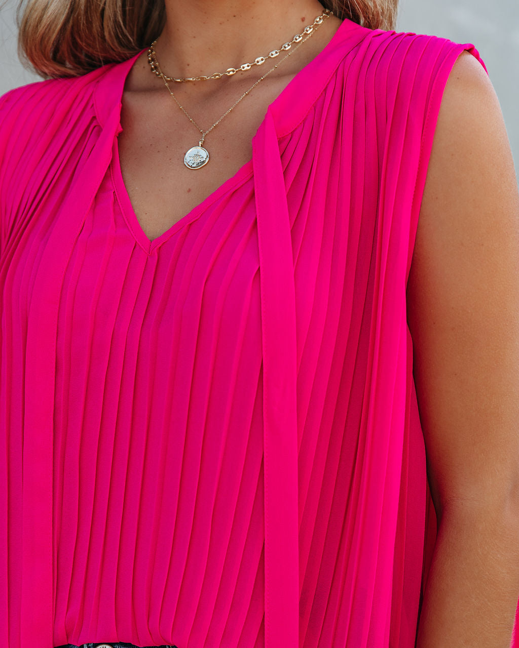 All That Matters Pleated Sleeveless Blouse - Hot Pink Oshnow