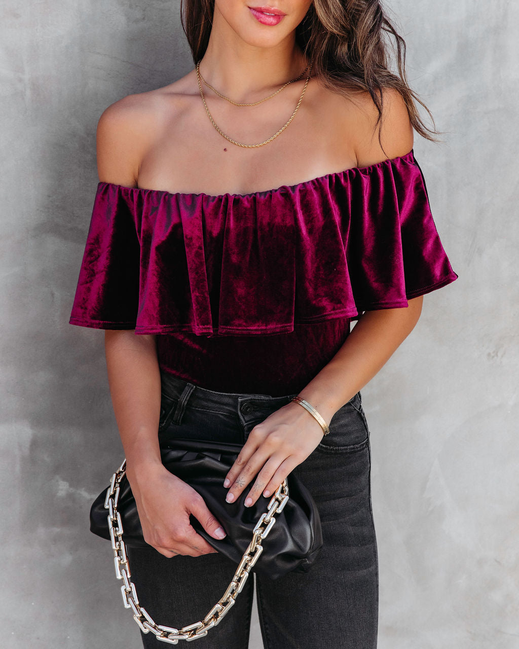 All Things Luxurious Velvet Off The Shoulder Bodysuit - Wine