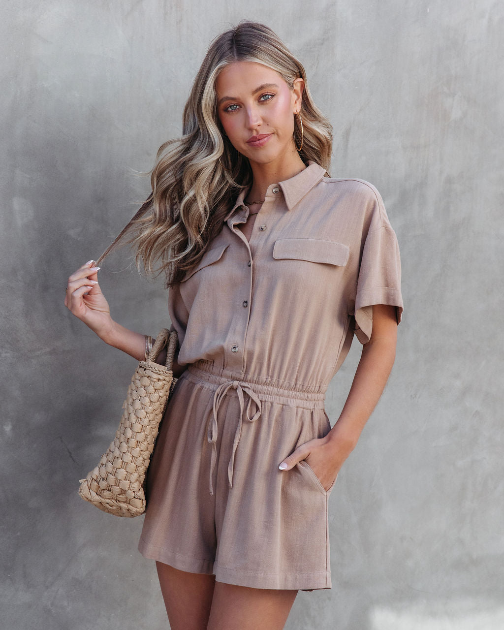 Always Jet Setting Pocketed Drawstring Romper - Mocha