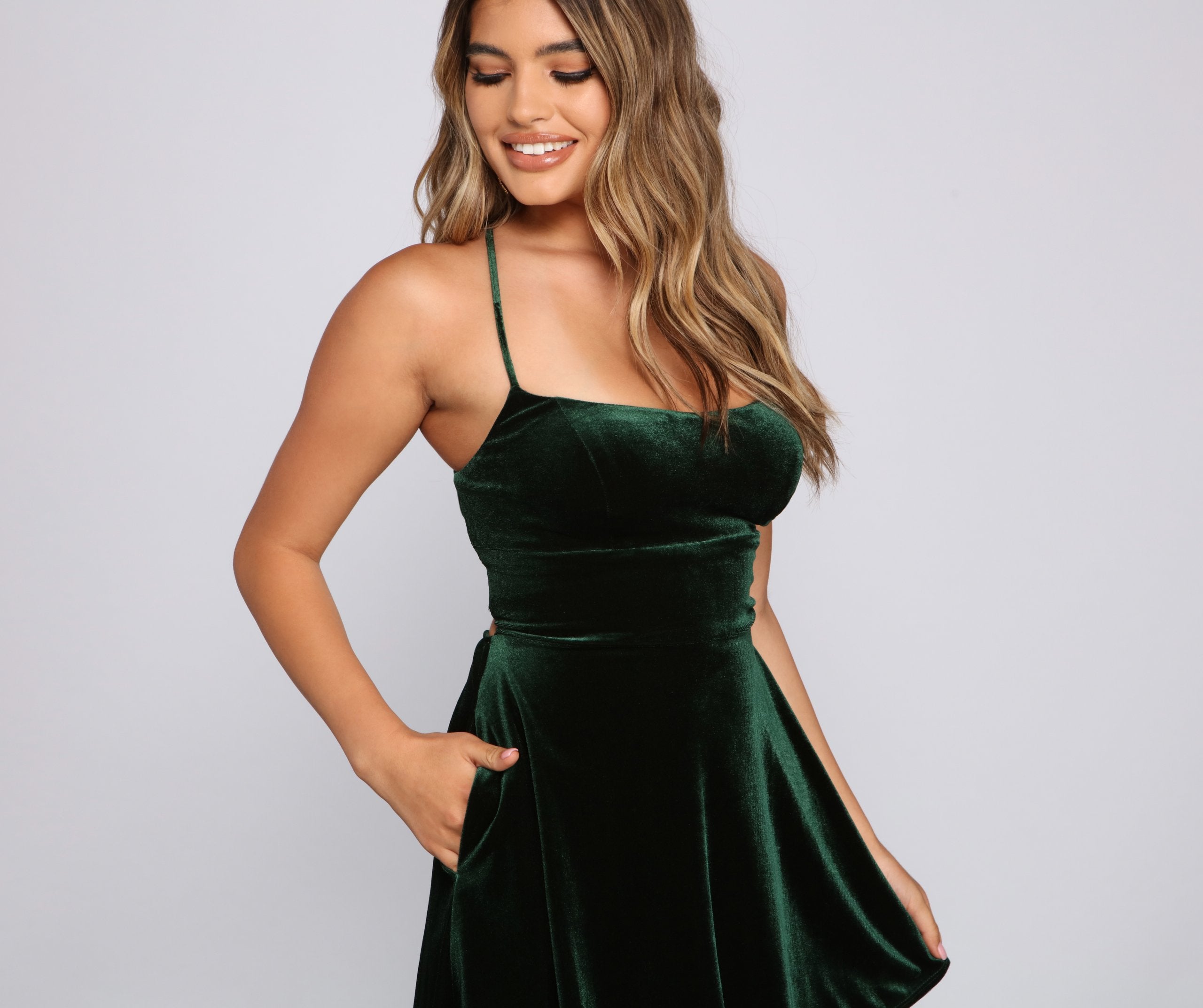 Amelia Lace-Up Back Velvet Skater Dress Oshnow