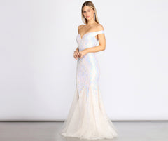 Andrina Iridescent Sequin & Tulle Off Shoulder Mermaid Dress Oshnow