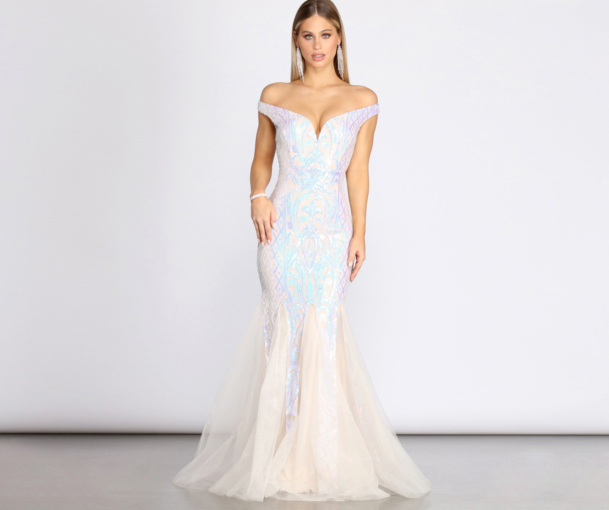 Andrina Iridescent Sequin & Tulle Off Shoulder Mermaid Dress Oshnow