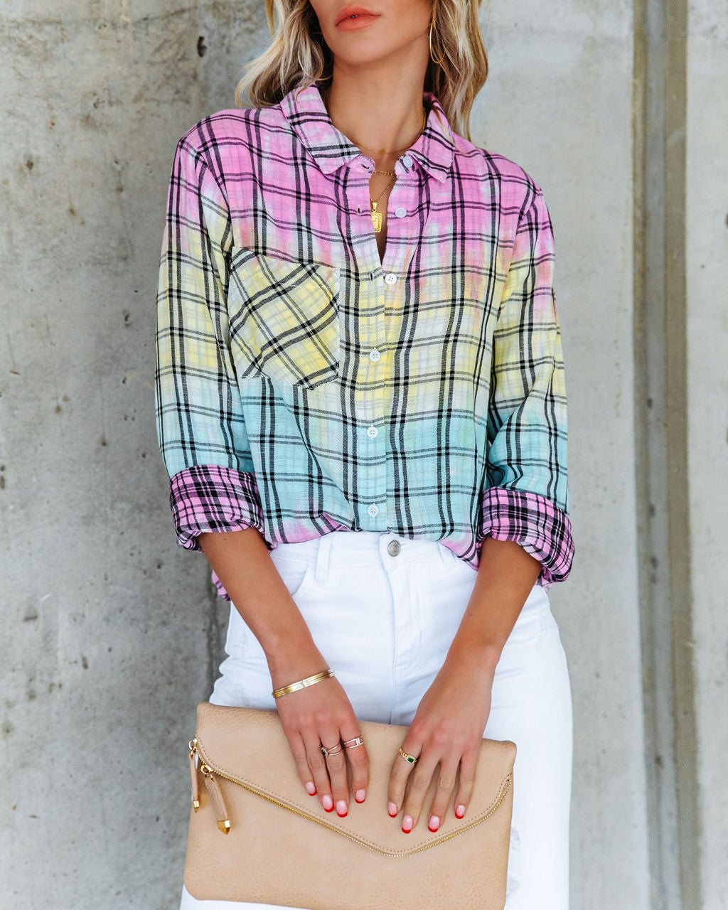 Arty Cotton Tie Dye Plaid Button Down Top Oshnow