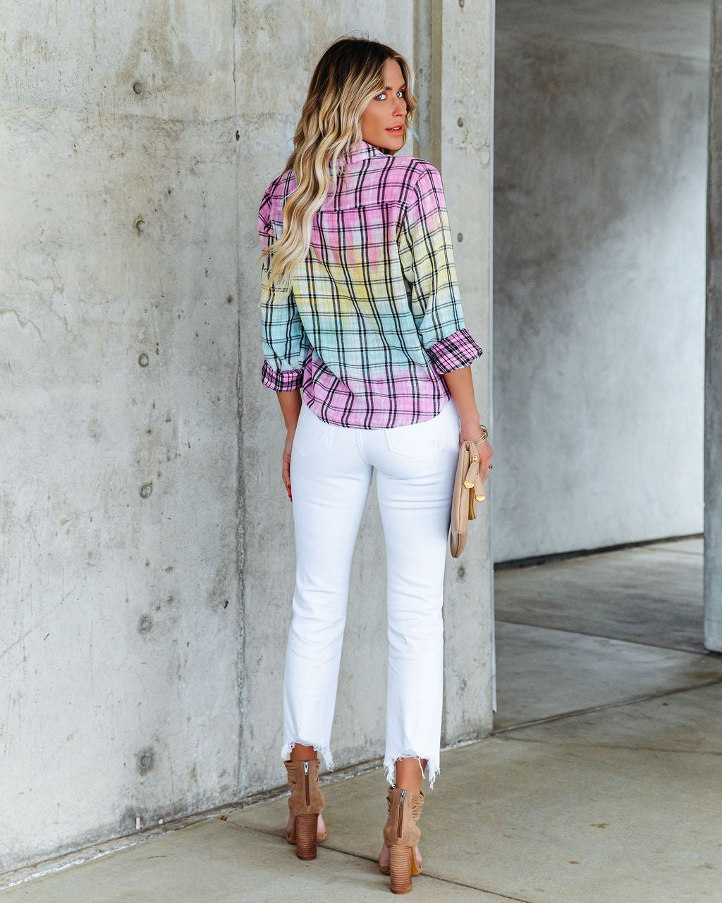 Arty Cotton Tie Dye Plaid Button Down Top Oshnow