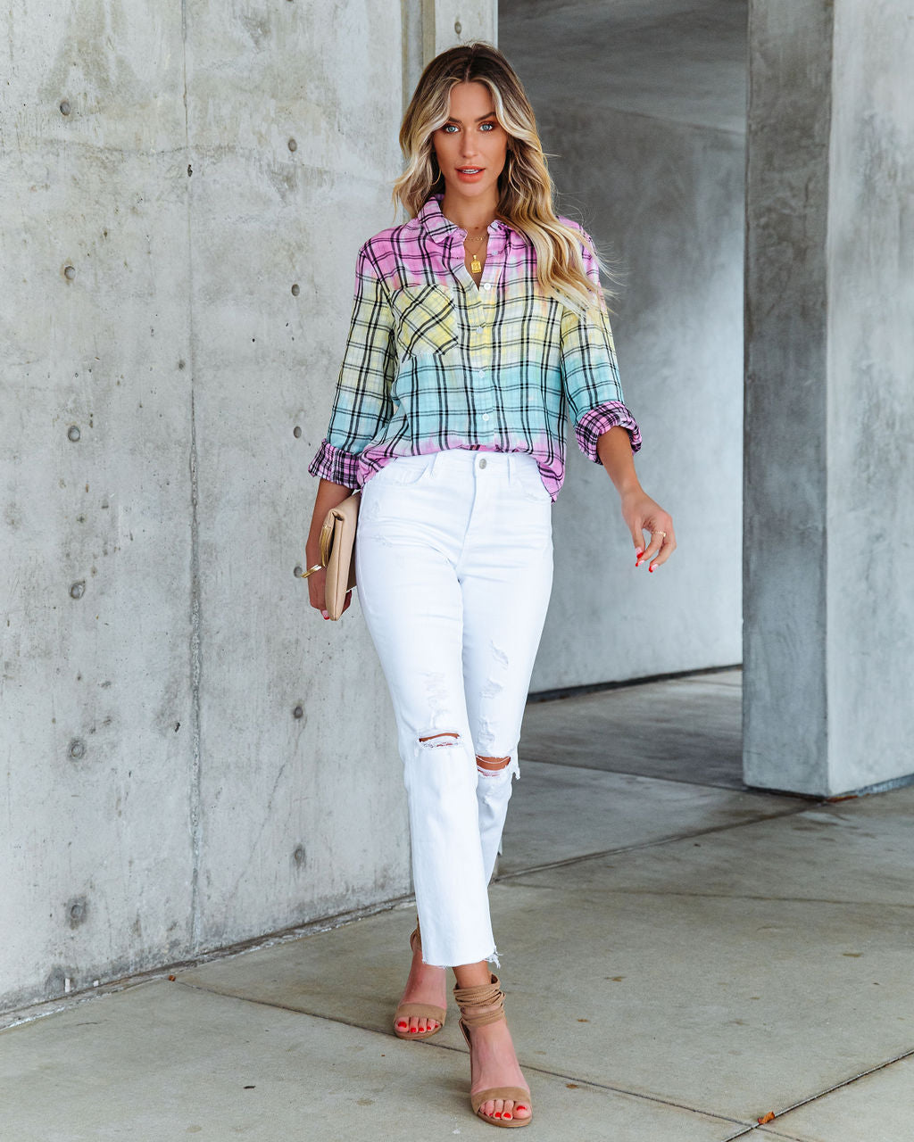 Arty Cotton Tie Dye Plaid Button Down Top Oshnow