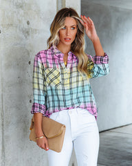 Arty Cotton Tie Dye Plaid Button Down Top Oshnow