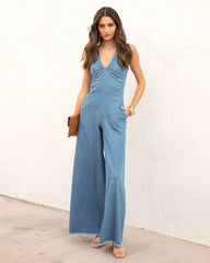 Asher Frayed Flare Leg Jumpsuit - Light Denim