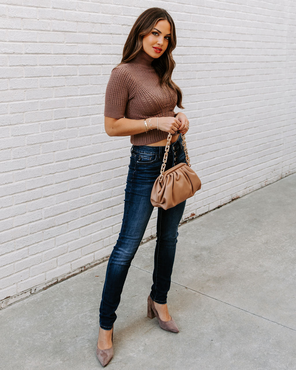 Ashtyn Cotton Blend Crop Turtleneck Top - Mocha Oshnow