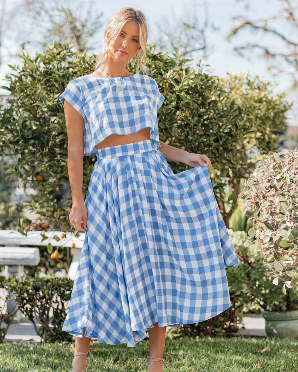 Athina Cotton Blend Gingham Crop Top - Blue Oshnow