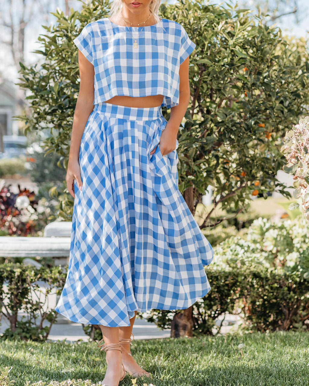 Athina Cotton Blend Gingham Crop Top - Blue Oshnow