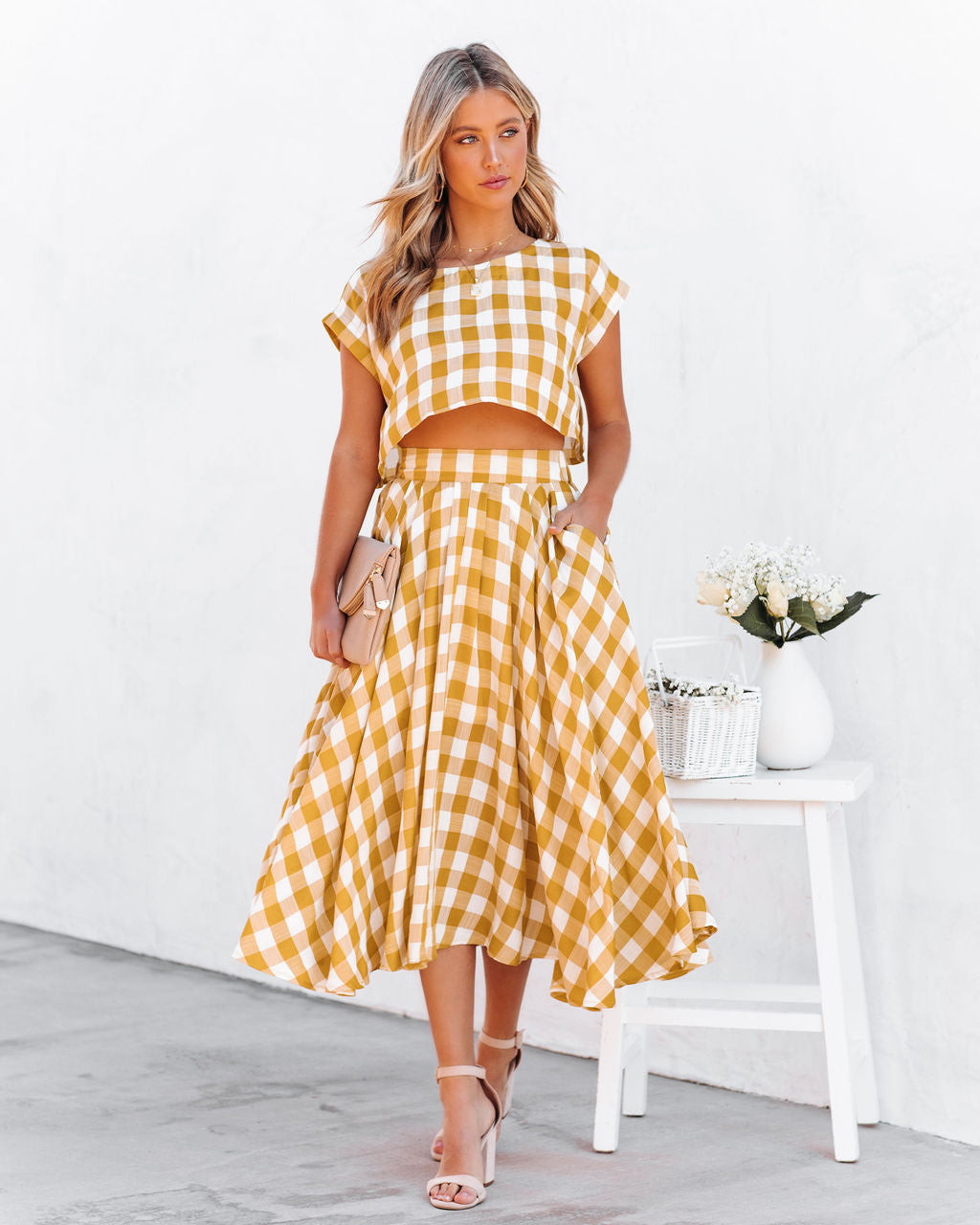 Athina Cotton Blend Gingham Crop Top - Mustard Oshnow