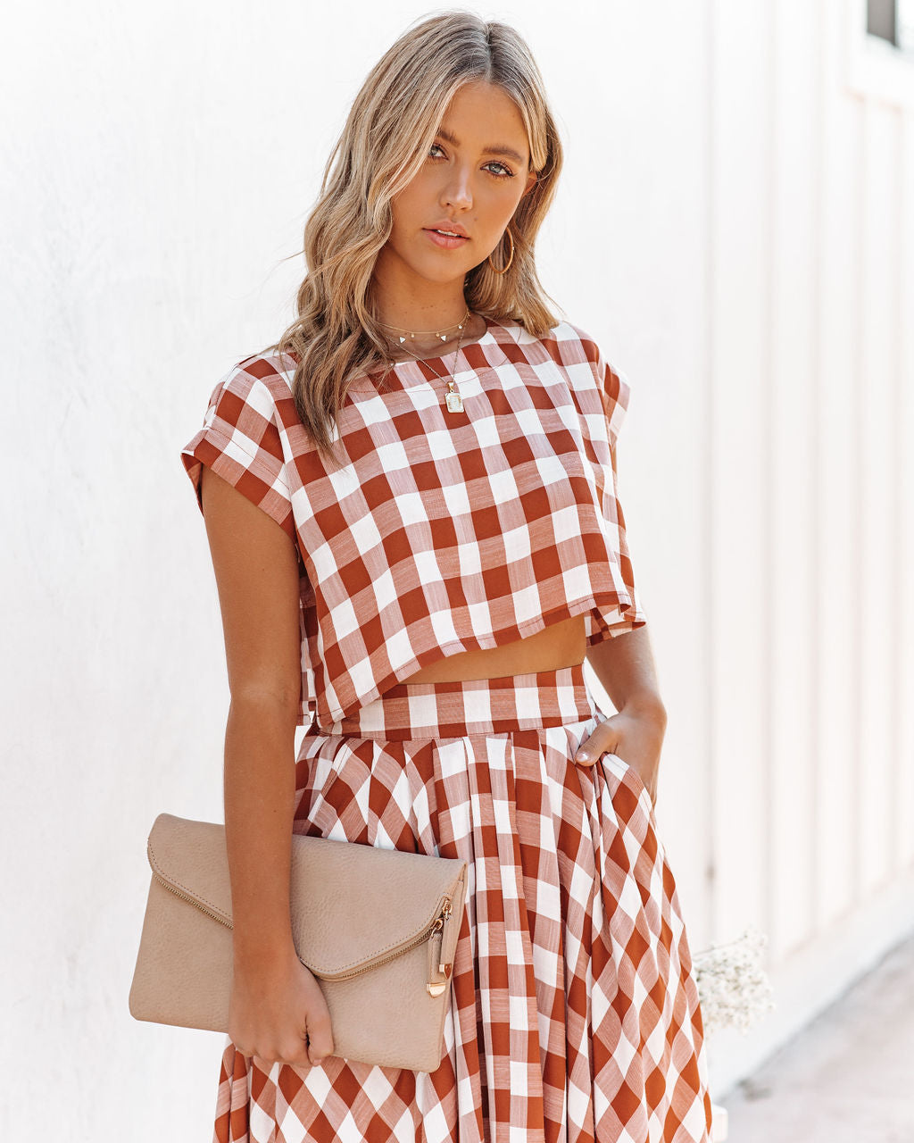 Athina Cotton Blend Gingham Crop Top - Rust Oshnow