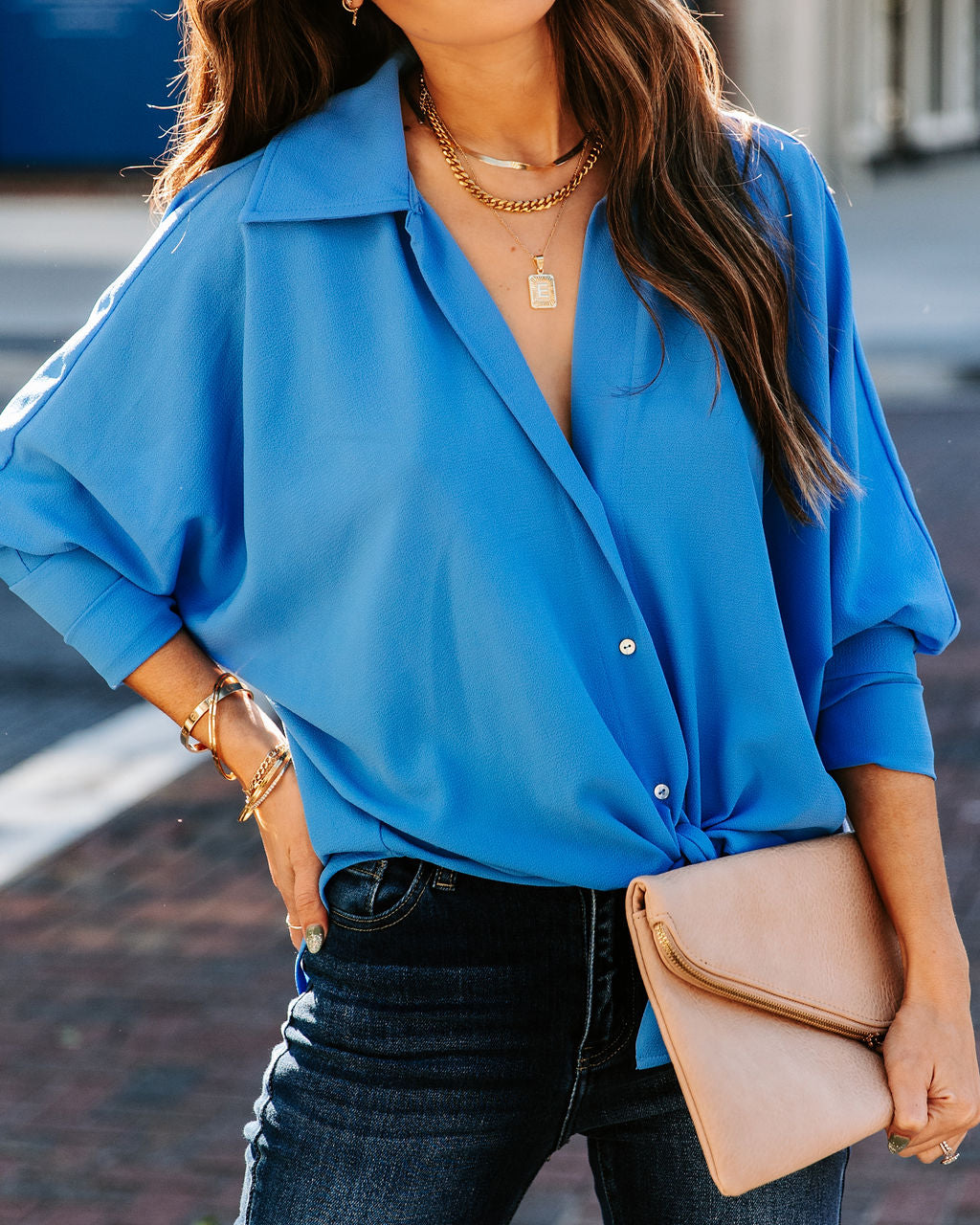 Attention To Detail Button Down Tie Blouse - Clean Blue Oshnow