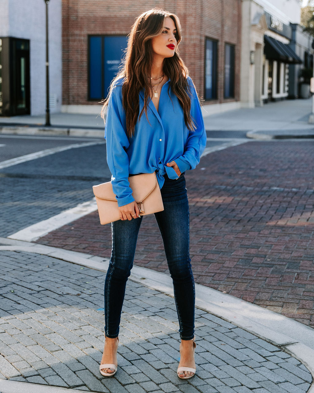 Attention To Detail Button Down Tie Blouse - Clean Blue Oshnow