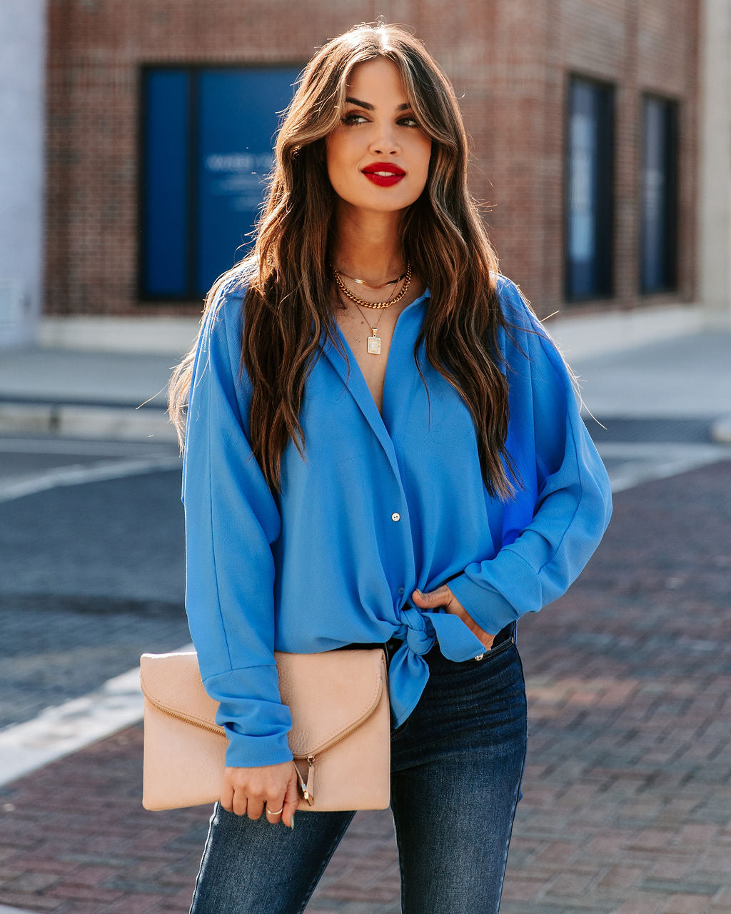 Attention To Detail Button Down Tie Blouse - Clean Blue Oshnow