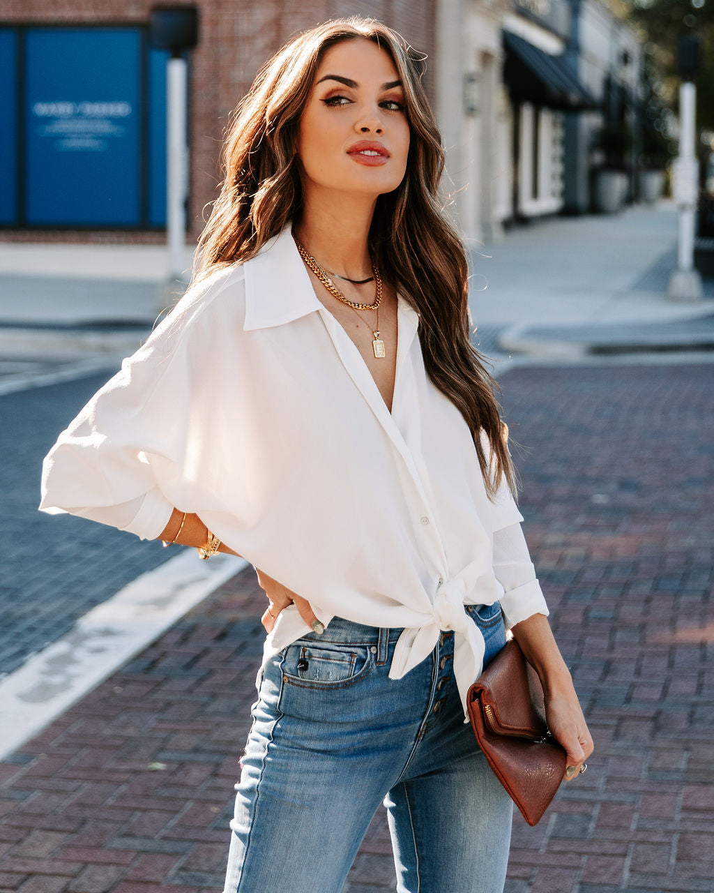 Attention To Detail Button Down Tie Blouse - White Oshnow