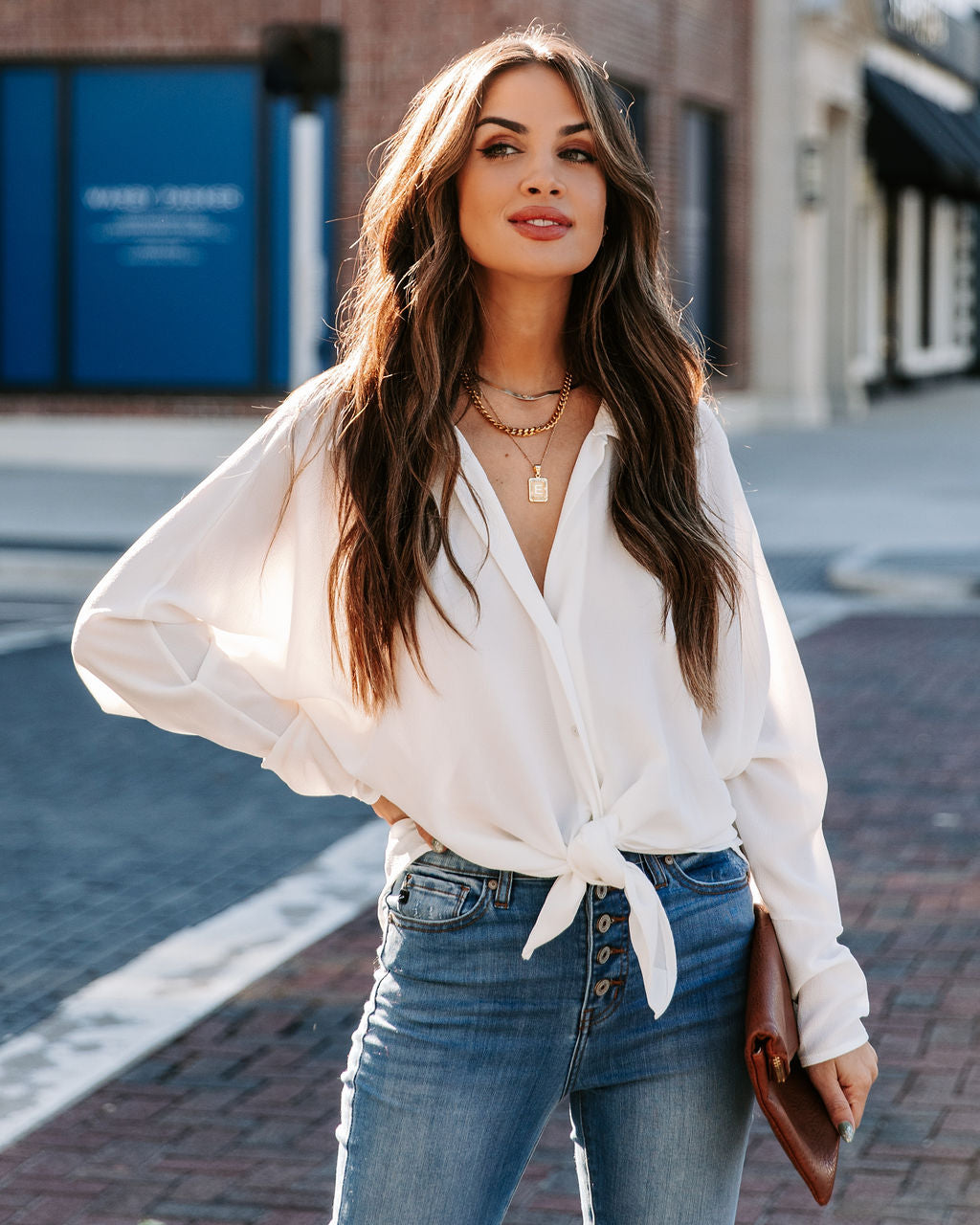 Attention To Detail Button Down Tie Blouse - White Oshnow