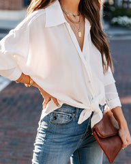 Attention To Detail Button Down Tie Blouse - White Oshnow