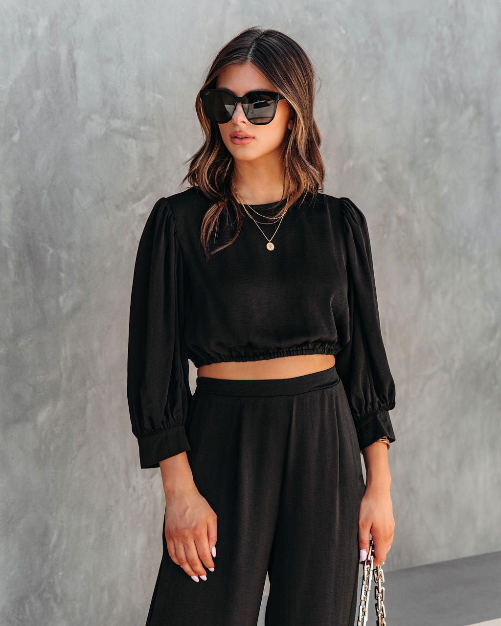 Attention Please Balloon Sleeve Crop Top - Black