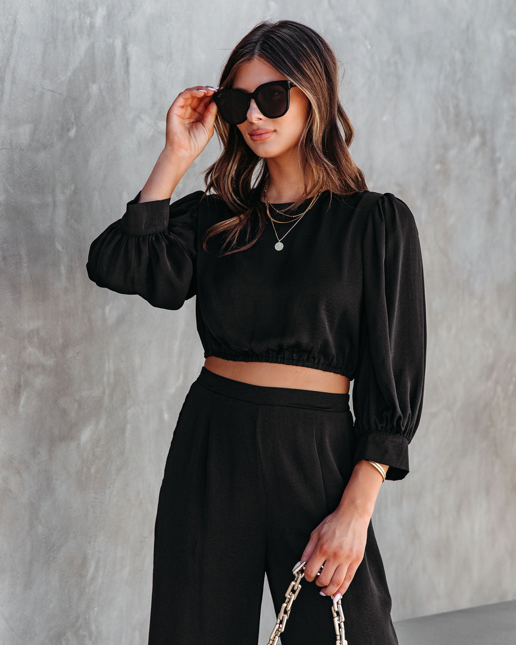 Attention Please Balloon Sleeve Crop Top - Black