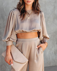 Attention Please Balloon Sleeve Crop Top - Taupe