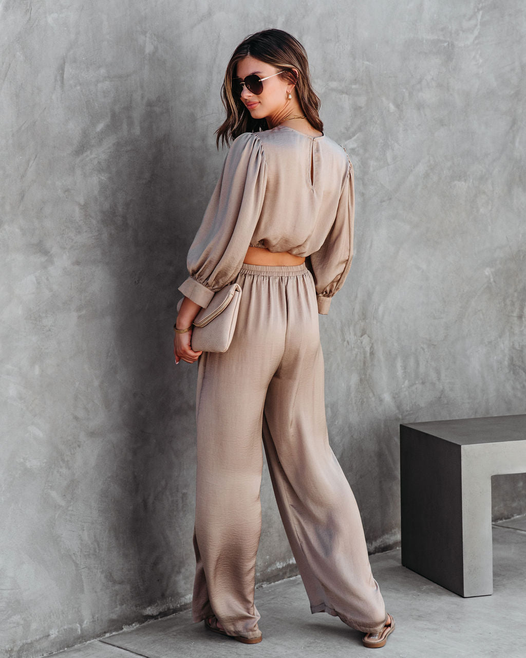 Attention Please Balloon Sleeve Crop Top - Taupe