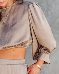 Attention Please Balloon Sleeve Crop Top - Taupe