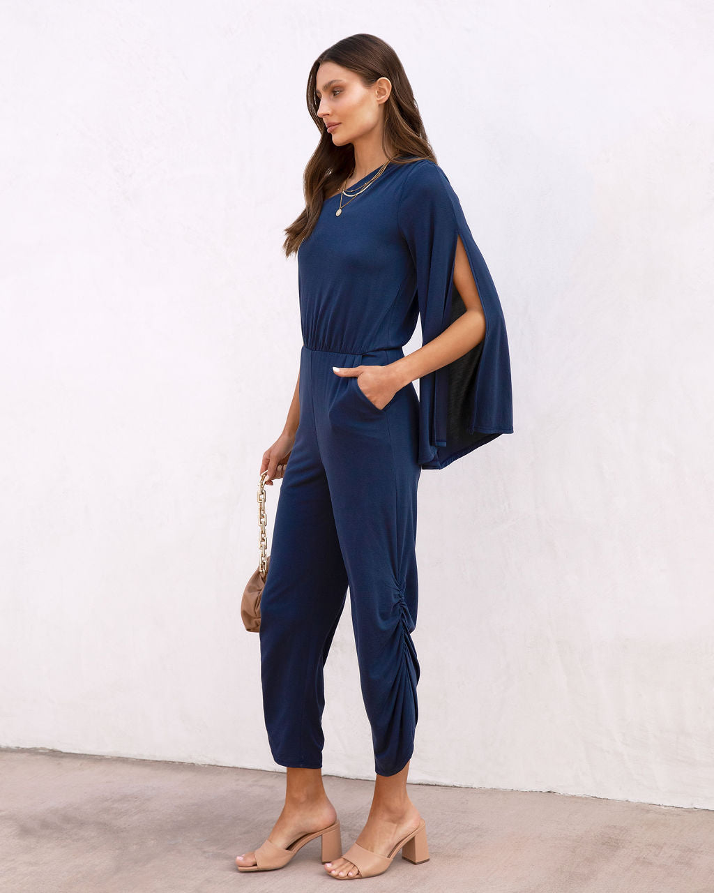 Avery One Shoulder Pocketed Jumpsuit - Navy