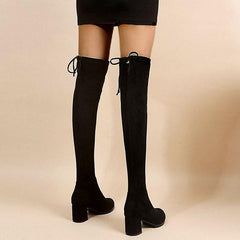 Black Stretchy Over The Knee Boots Chunky Block Heel Long Boots