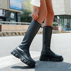 Lace Up Platform Heel Knee High Boots Lug Sole Combat Boots