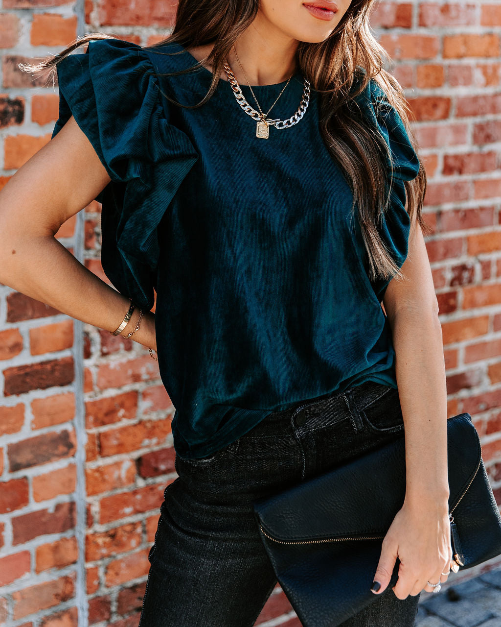 Baron Ribbed Velvet Top - Teal Oshnow