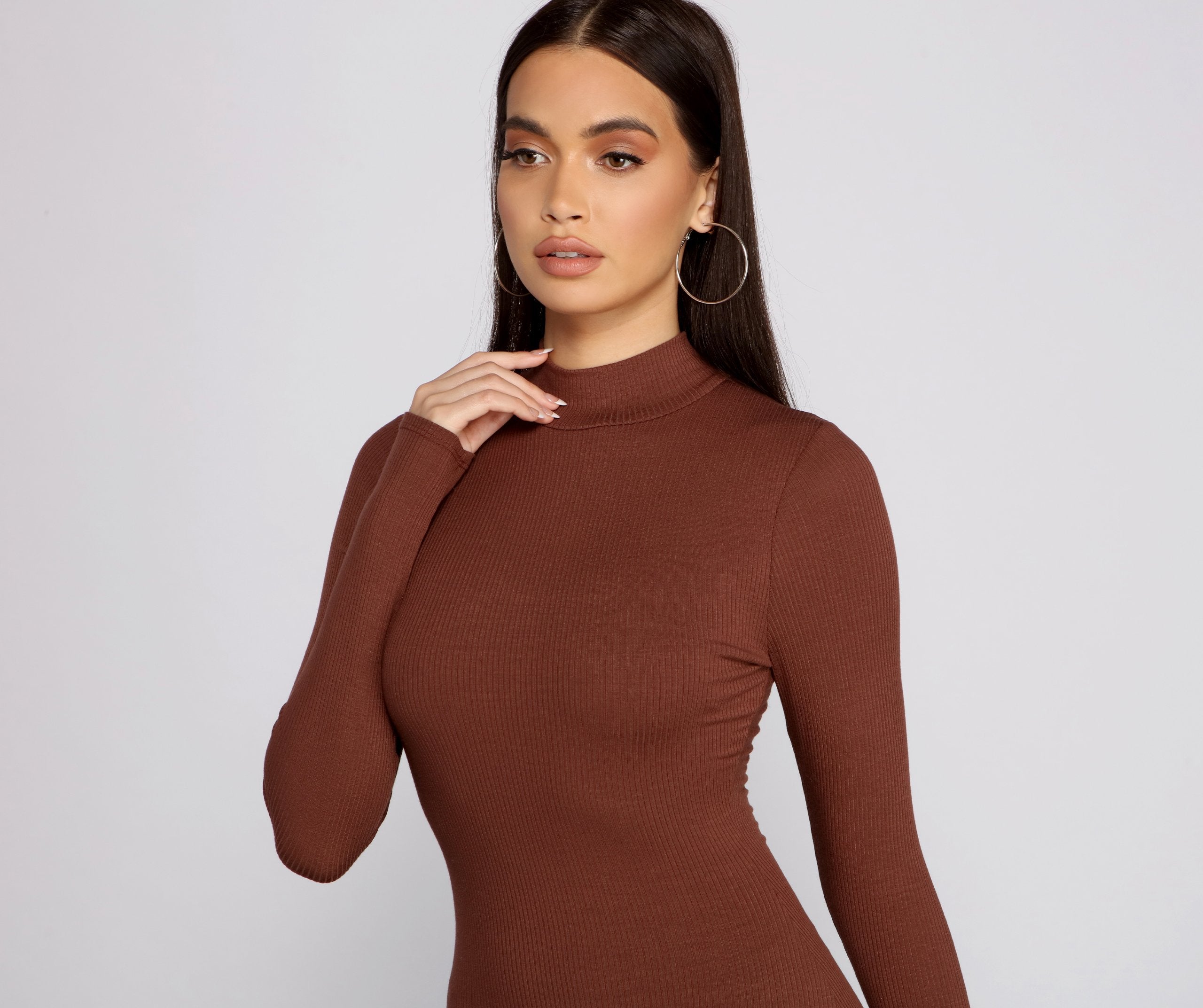 Basic Ribbed Knit Long Sleeve Mini Dress Oshnow