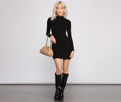 Basic Ribbed Knit Long Sleeve Mini Dress Oshnow