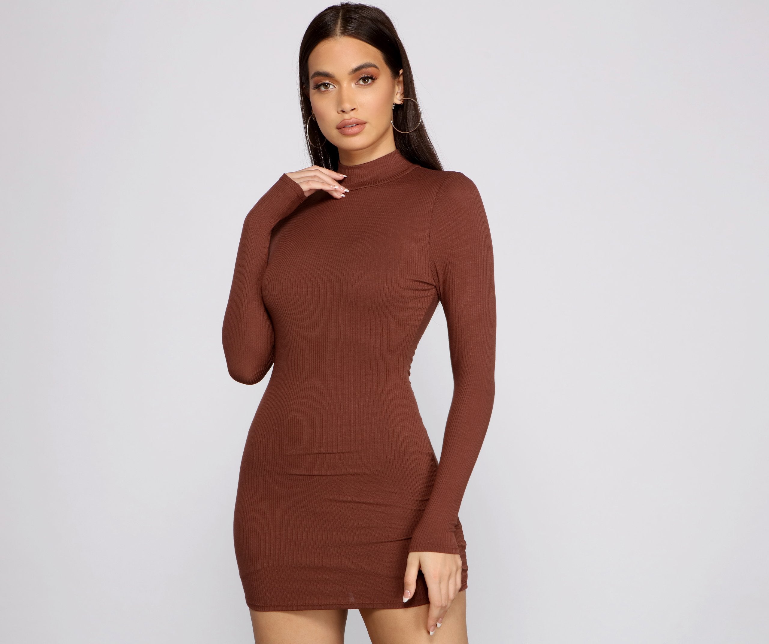 Basic Ribbed Knit Long Sleeve Mini Dress Oshnow