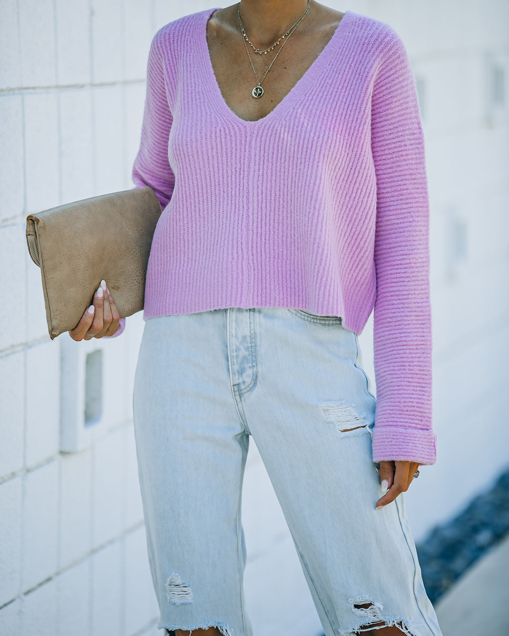 Basin Cropped Knit Sweater - Lavender Oshnow