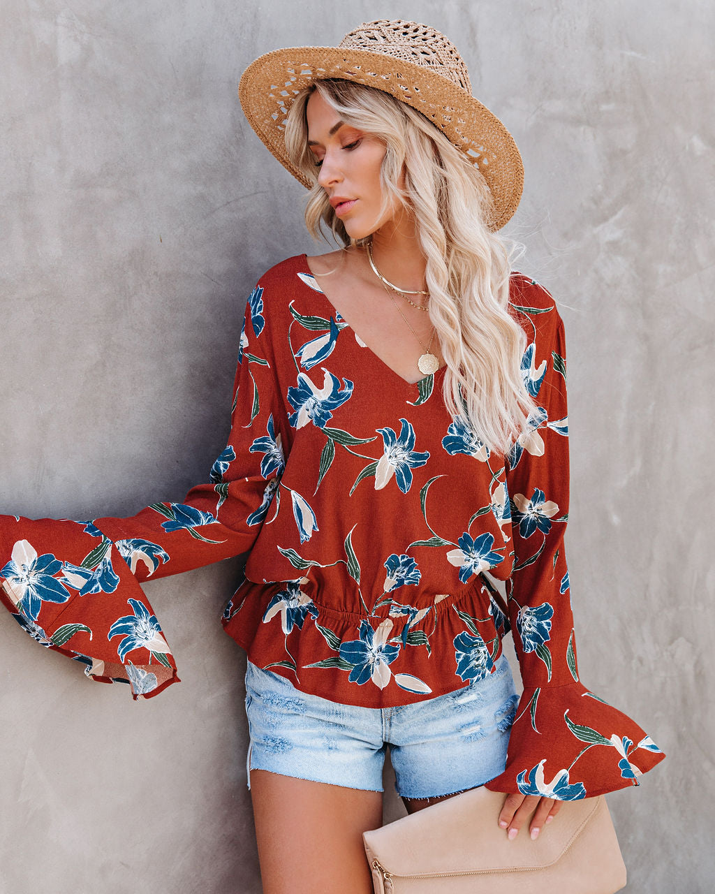 Be At Ease Printed Bell Sleeve Top Oshnow