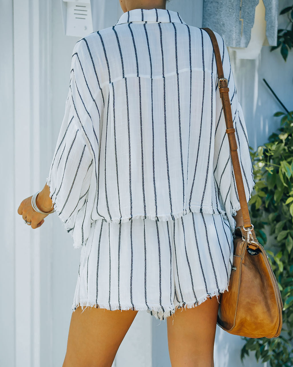 Beach Town Striped Button Down Frayed Top - White Oshnow