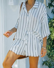 Beach Town Striped Button Down Frayed Top - White Oshnow