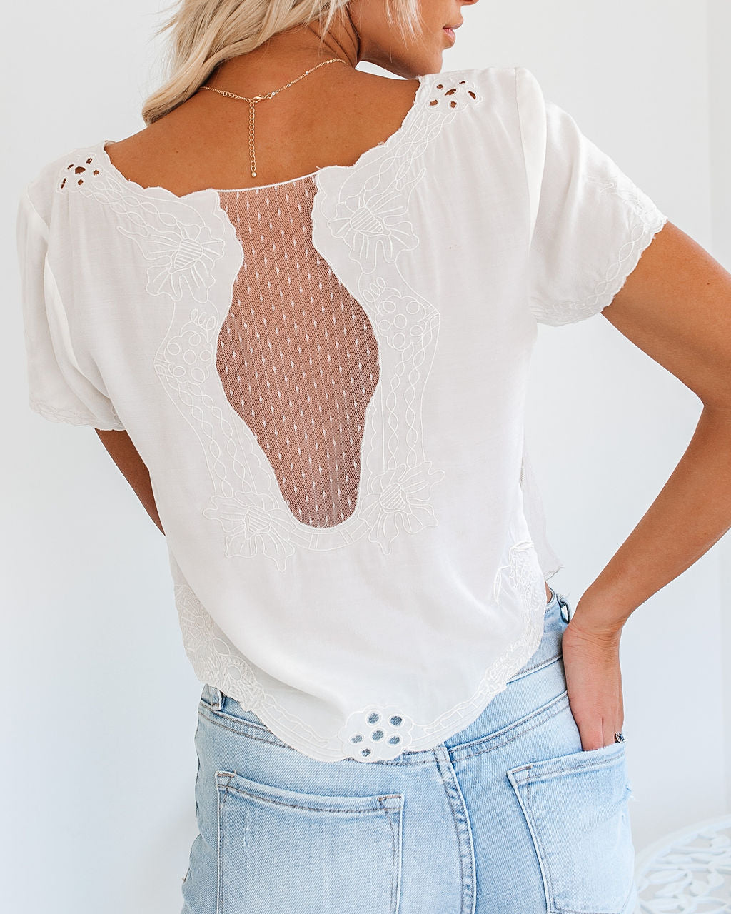 Beatrix Embroidered Mesh Eyelet Top Oshnow